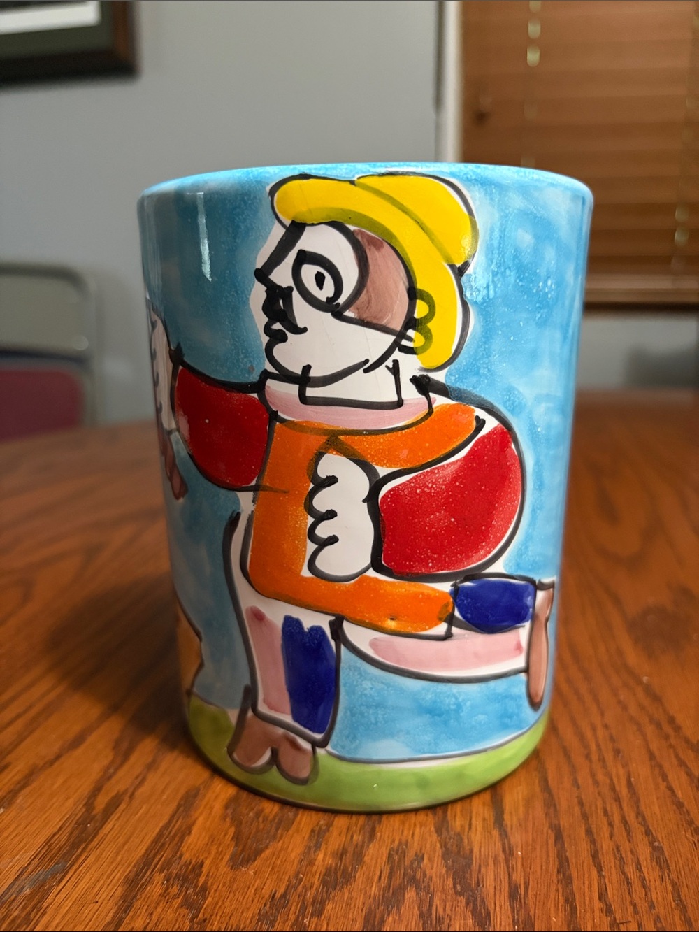LA MUSA hand painted Ceramic Art Vase in Blue with Colorful Figurative Design